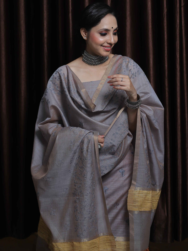 Banarasee Cotton Silk Salwar Kameez Ghichha Work Fabric With Embroidery Work-Grey