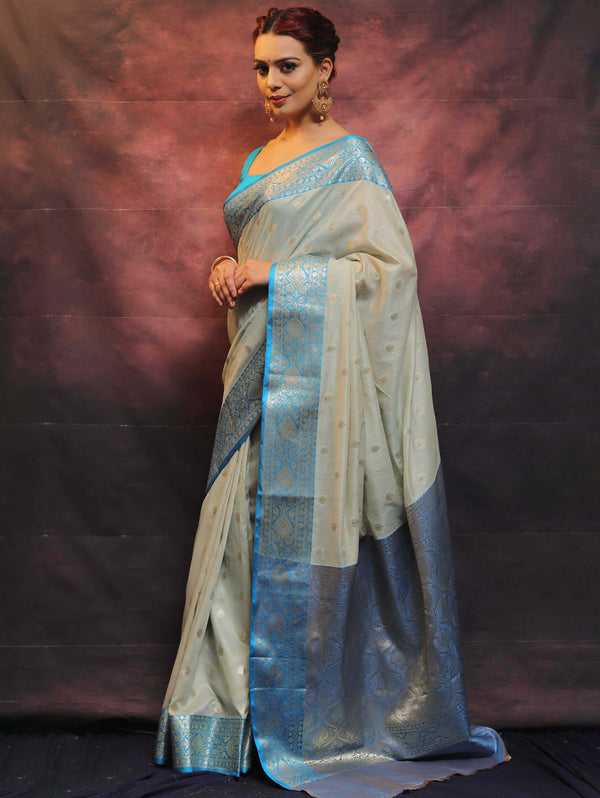 Banarasee Cotton Silk Mix Banswada Sari With Zari Buta & Contrast Border-Blue