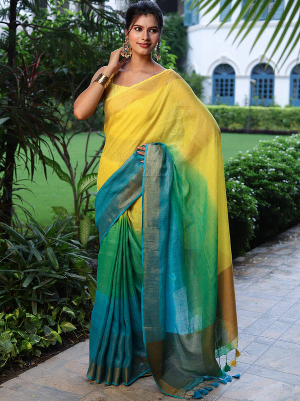 Banarasee Handloom Pure Linen Shine Saree-Multicolor