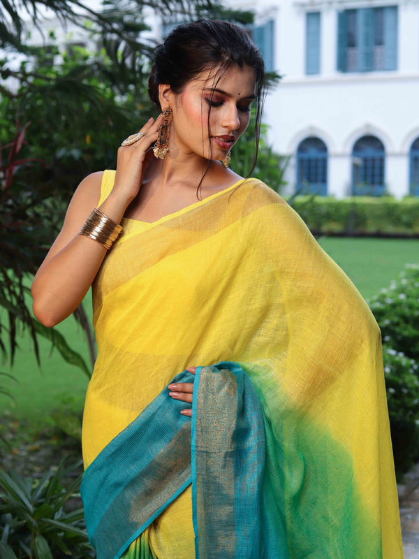Banarasee Handloom Pure Linen Shine Saree-Multicolor