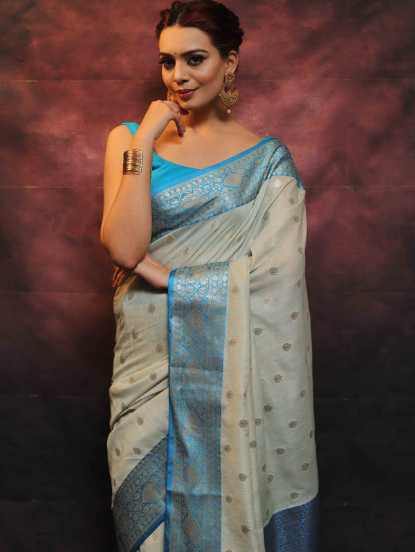 Banarasee Cotton Silk Mix Banswada Sari With Zari Buta & Contrast Border-Blue