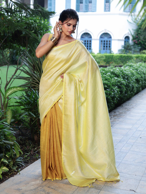 Banarasee Pure Linen Shine Saree-Yellow (Dual Tone)