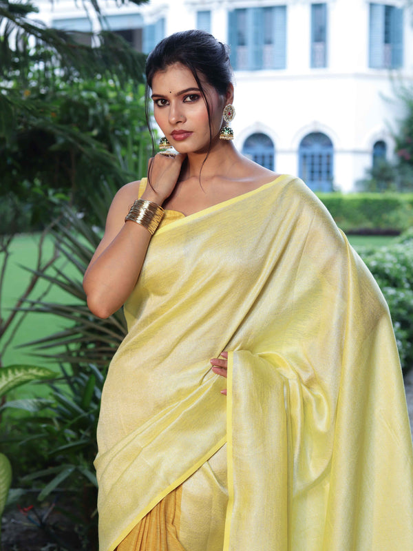 Banarasee Pure Linen Shine Saree-Yellow (Dual Tone)
