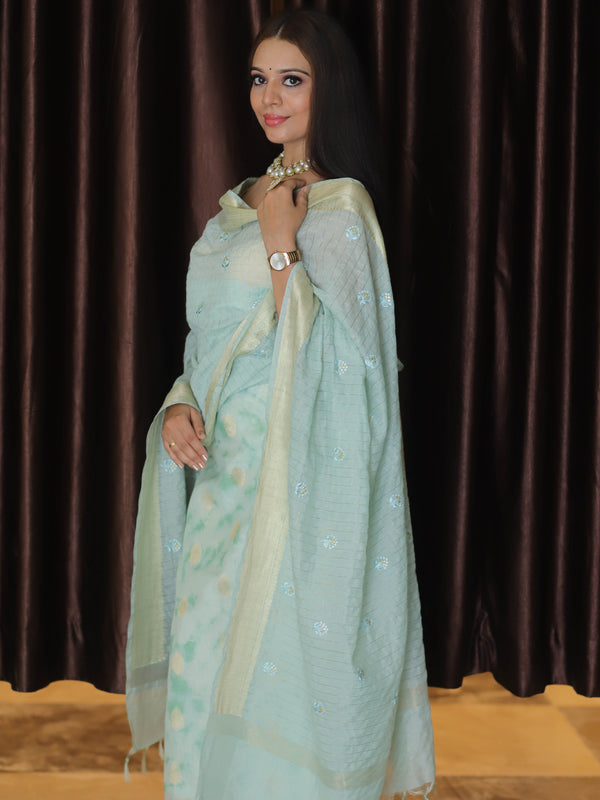 Banarasee Chanderi Cotton Zari Buti Salwar Kameez With Dupatta-Green