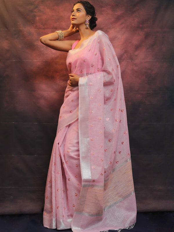 Banarasee Handwoven Zari Border Tissue Saree With Embroidered Floral Buta-Pink
