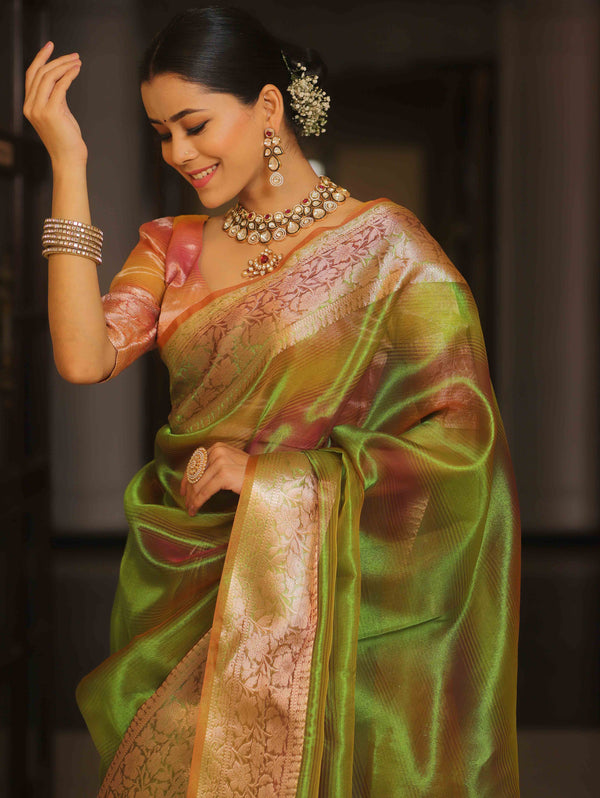 Banarasee Handwoven Shaded Tissue Saree-Green