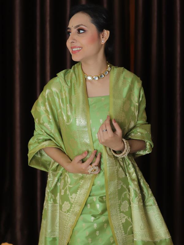 Banarasee Salwar Kameez Semi Katan Silk Fabric With Zari Work-Green