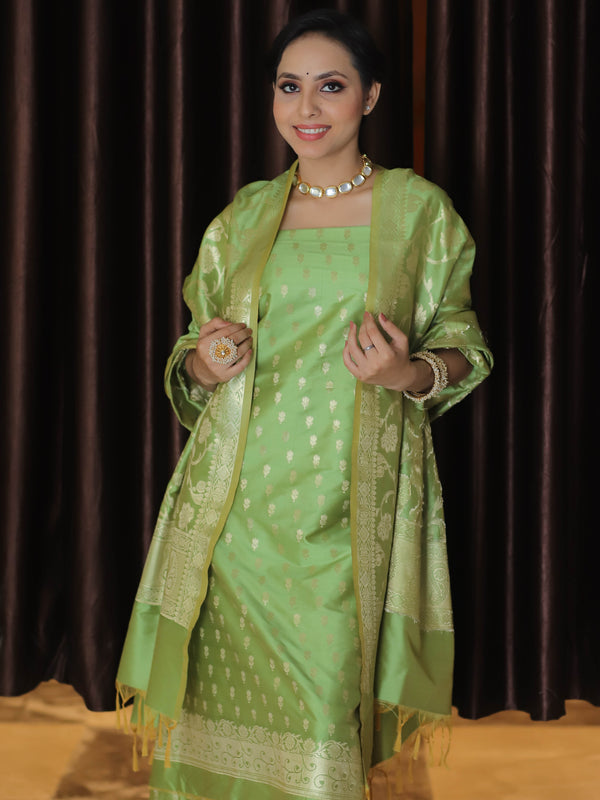 Banarasee Salwar Kameez Semi Katan Silk Fabric With Zari Work-Green