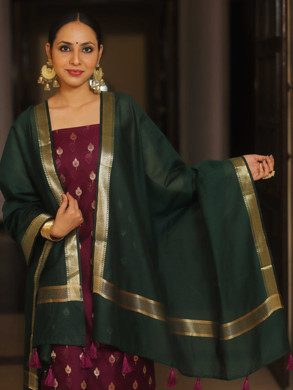 Banarasee Cotton Silk Zari Work Salwar Kameez Fabric With Plain Contrast Dupatta-Magenta & Green