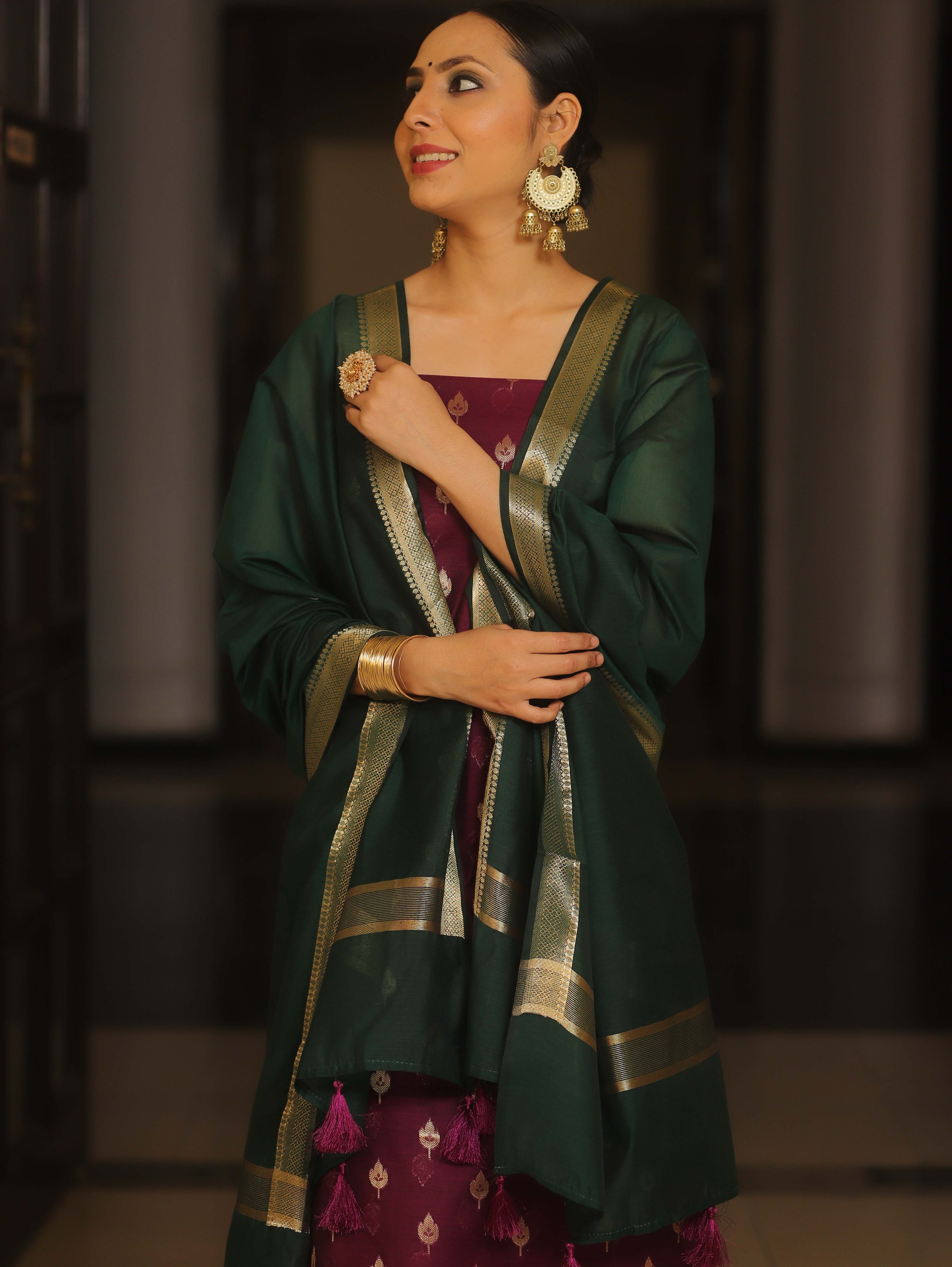 Banarasee Cotton Silk Zari Work Salwar Kameez Fabric With Plain Contrast Dupatta-Magenta & Green