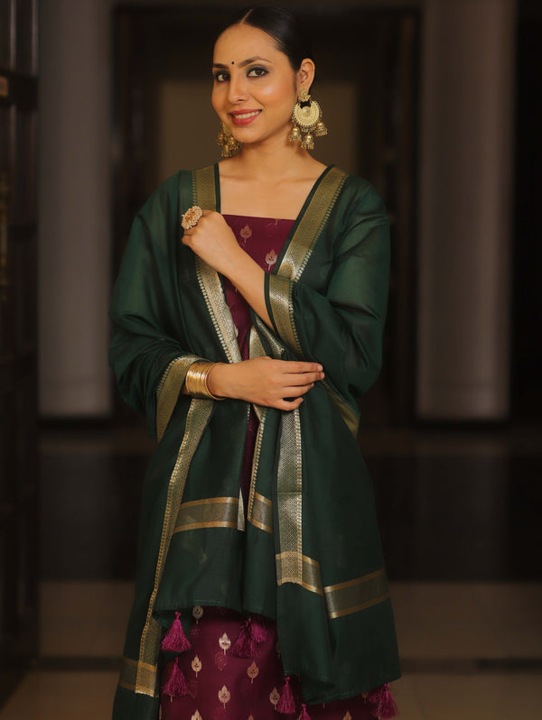 Banarasee Cotton Silk Zari Work Salwar Kameez Fabric With Plain Contrast Dupatta-Magenta & Green