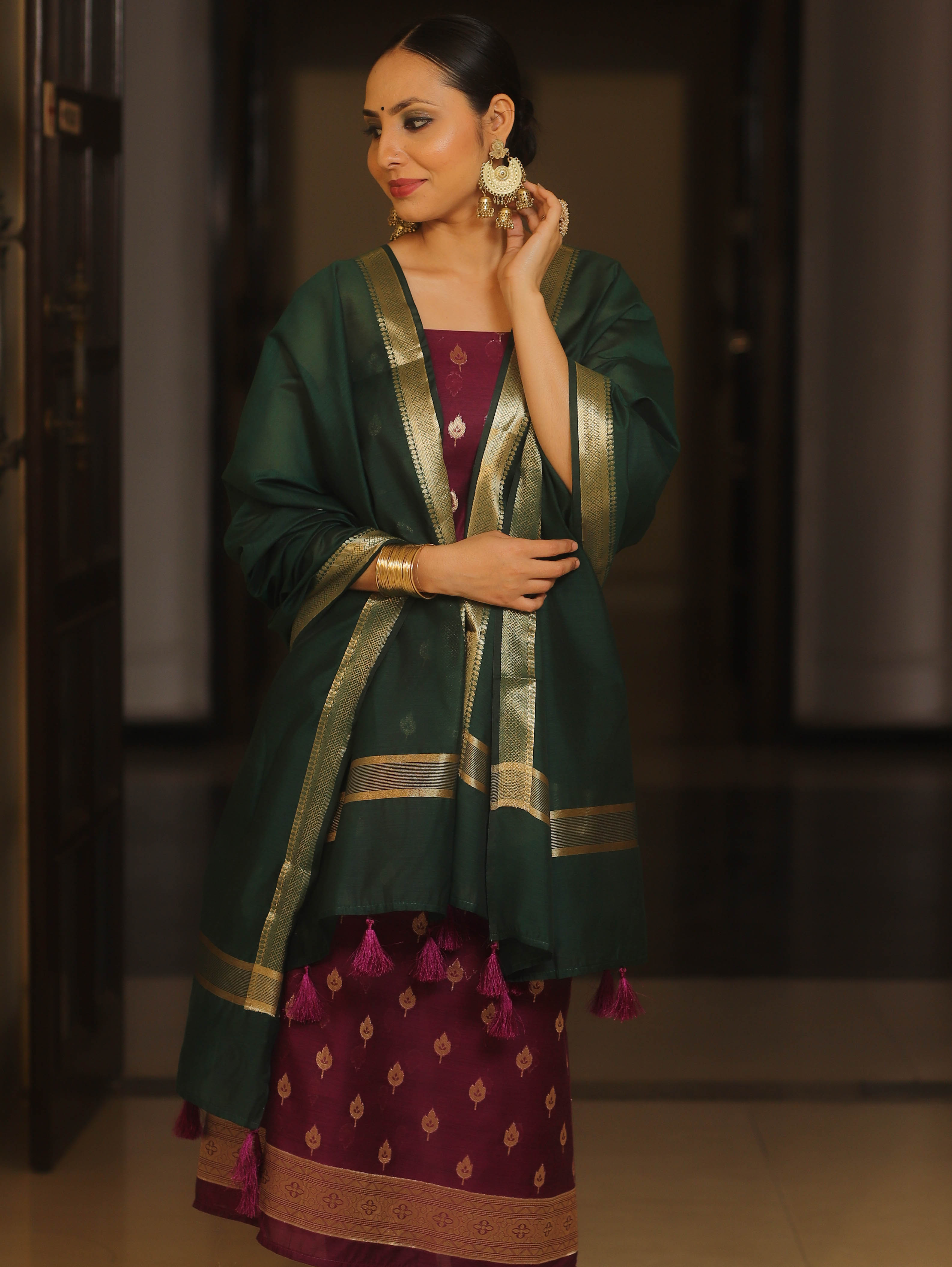 Banarasee Cotton Silk Zari Work Salwar Kameez Fabric With Plain Contrast Dupatta-Magenta & Green