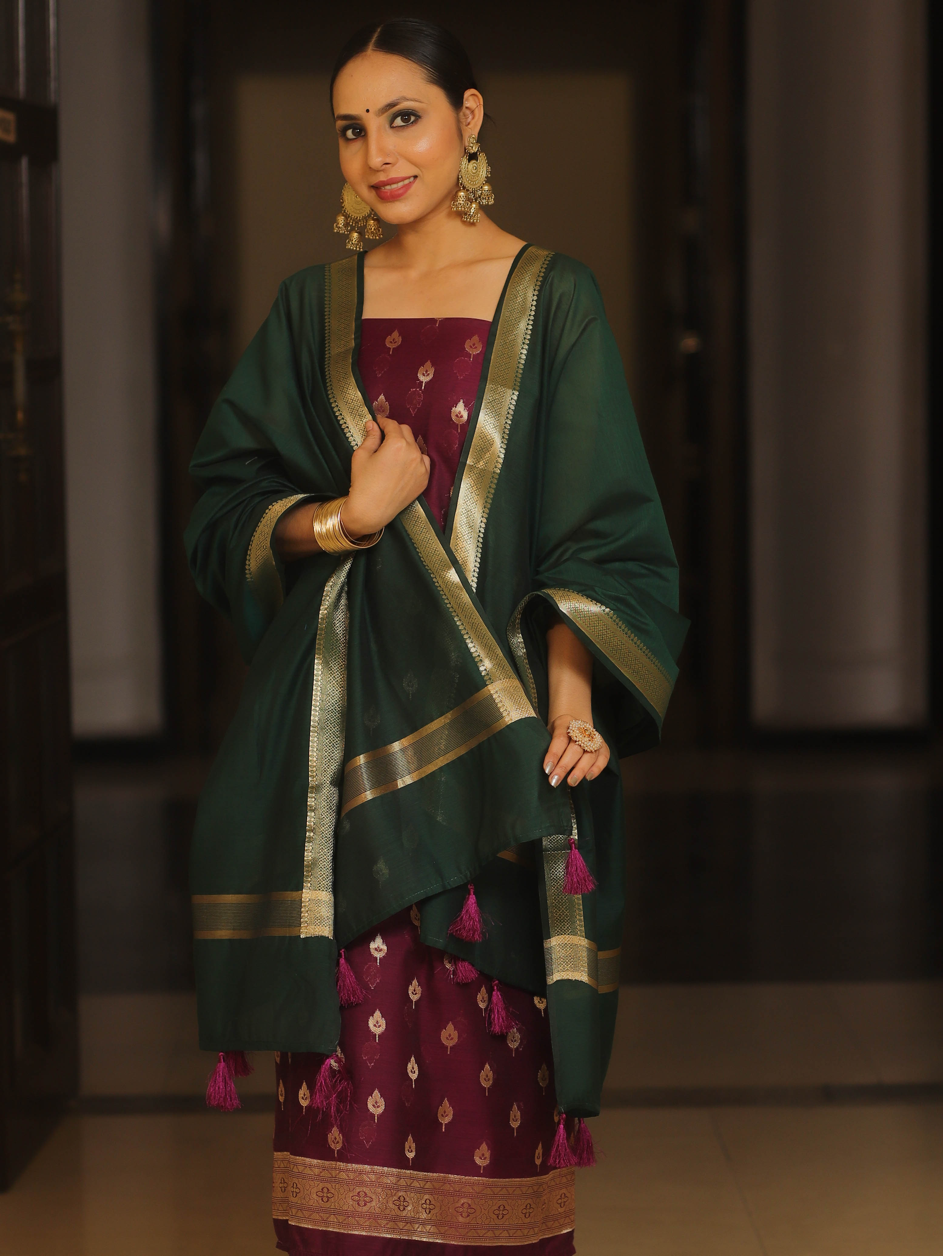 Banarasee Cotton Silk Zari Work Salwar Kameez Fabric With Plain Contrast Dupatta-Magenta & Green