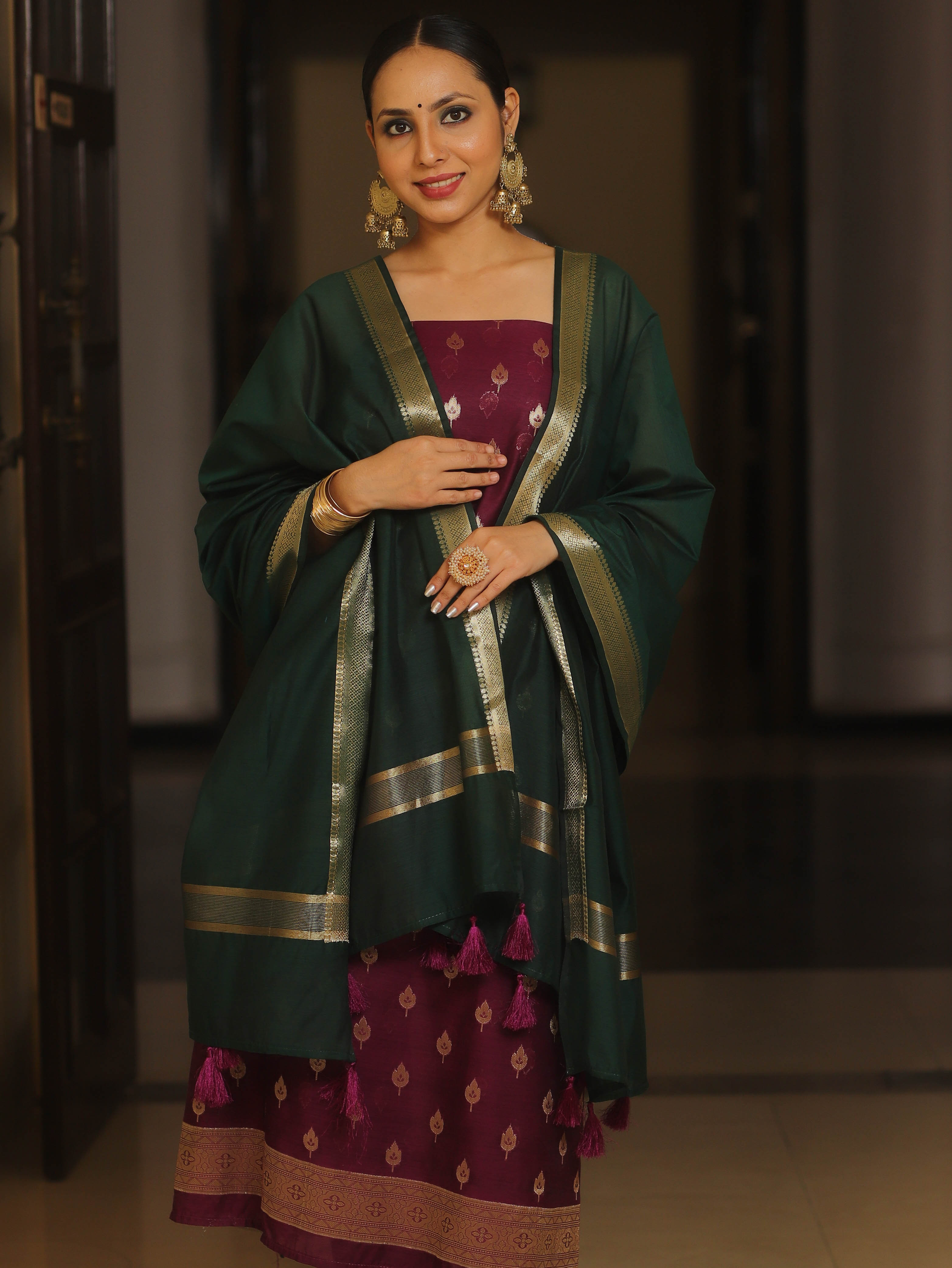 Banarasee Cotton Silk Zari Work Salwar Kameez Fabric With Plain Contrast Dupatta-Magenta & Green