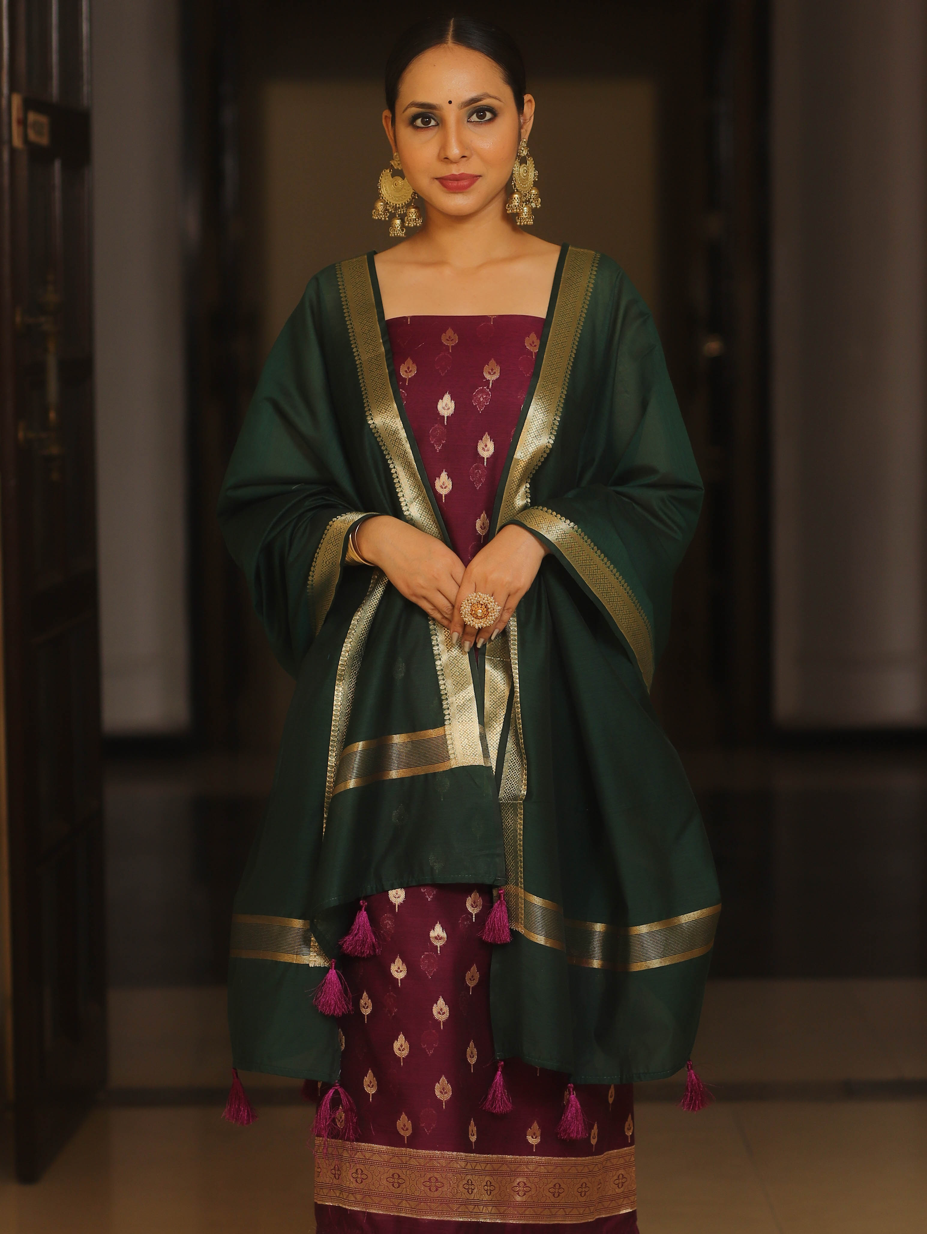 Banarasee Cotton Silk Zari Work Salwar Kameez Fabric With Plain Contrast Dupatta-Magenta & Green