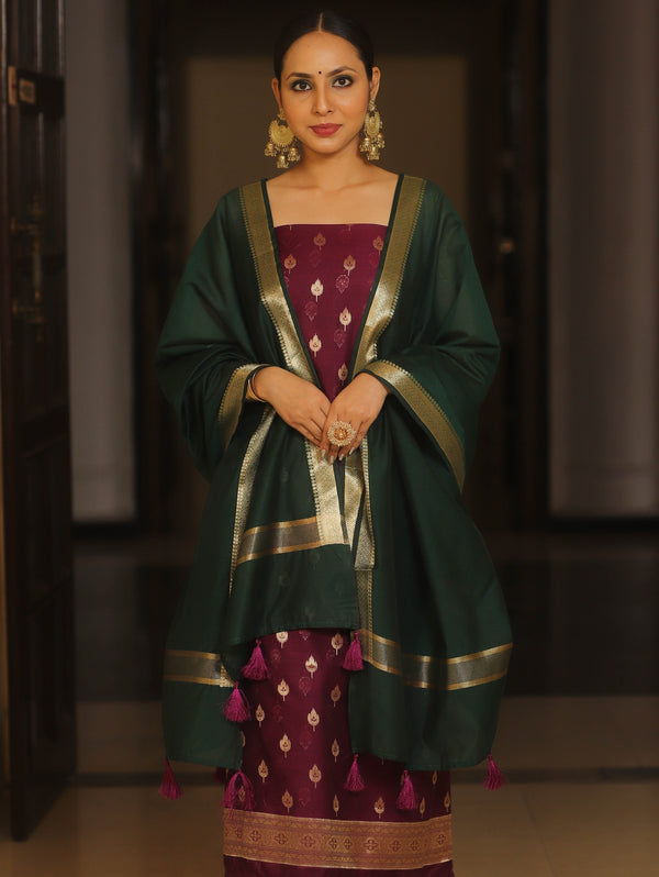 Banarasee Cotton Silk Zari Work Salwar Kameez Fabric With Plain Contrast Dupatta-Magenta & Green