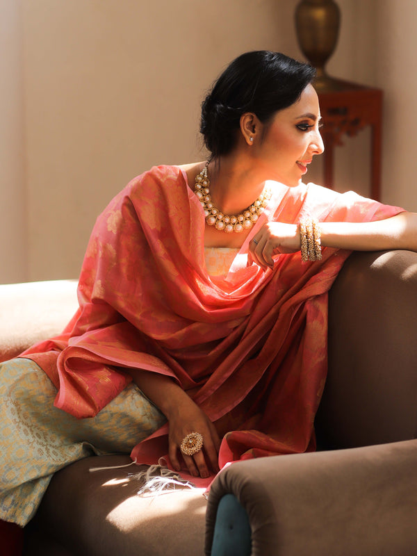 Banarasee Chanderi Cotton Salwar Kameez Fabric With Antique Zari & Contrast Dupatta-Green & Peach