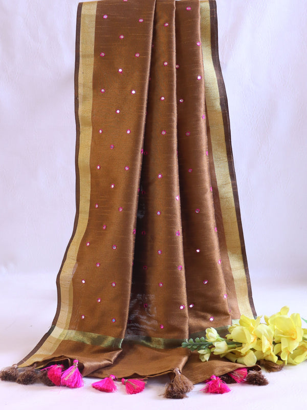 Banarasee Art Silk Dupatta With Hand-Embroidered Motifs-Brown