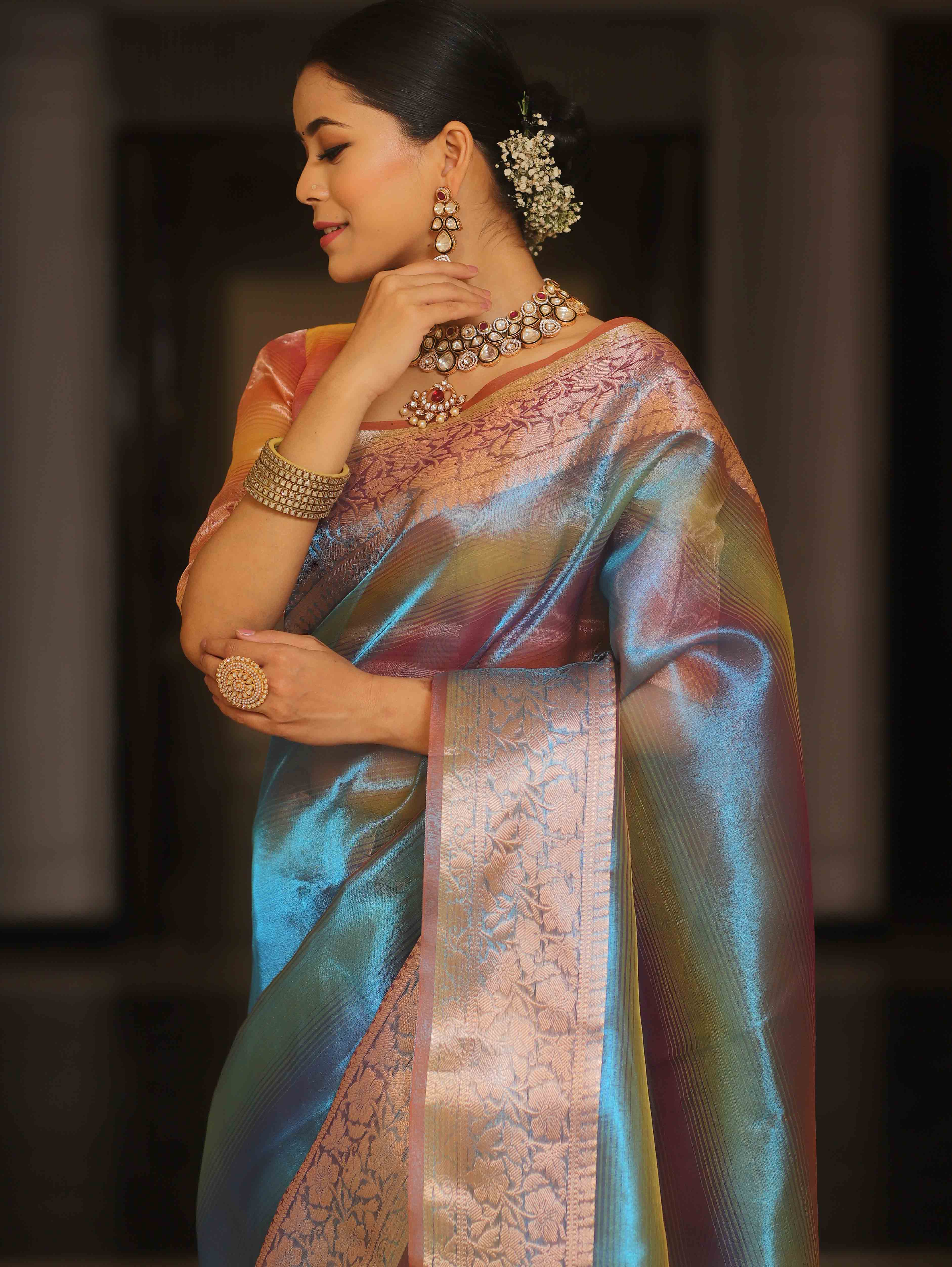 Banarasee Handwoven Shaded Tissue Saree-Blue