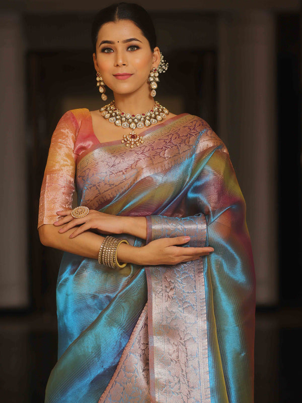 Banarasee Handwoven Shaded Tissue Saree-Blue