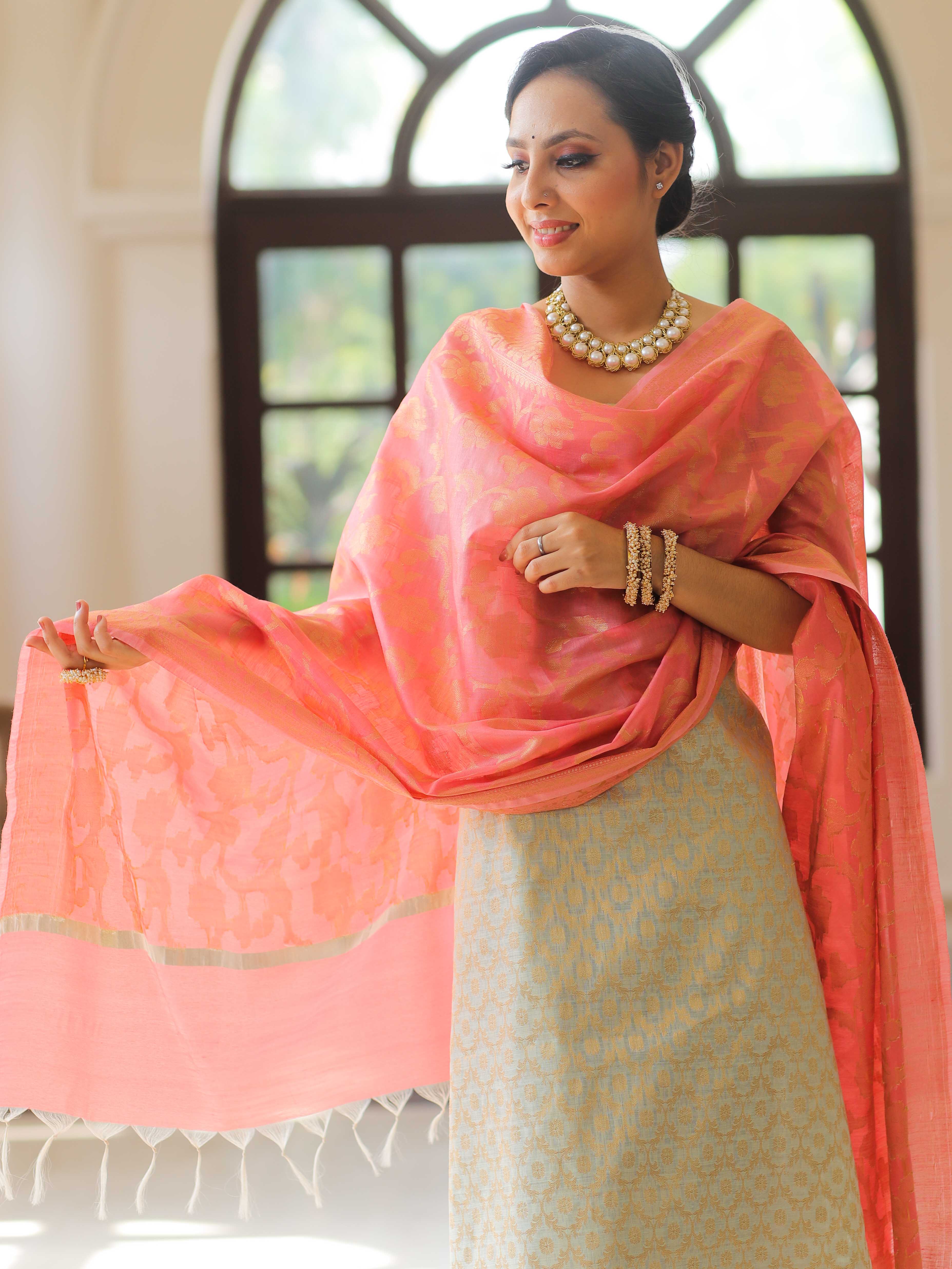 Banarasee Chanderi Cotton Salwar Kameez Fabric With Antique Zari & Contrast Dupatta-Green & Peach