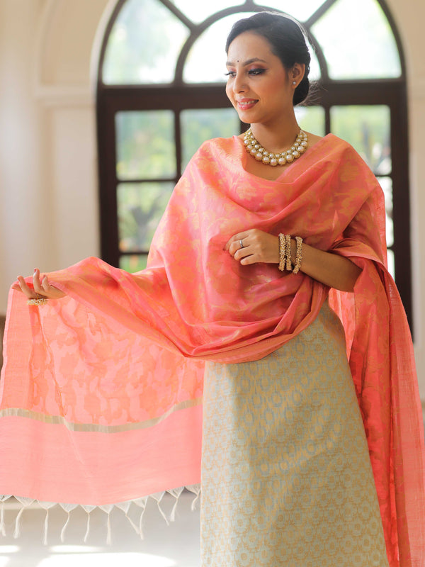 Banarasee Chanderi Cotton Salwar Kameez Fabric With Antique Zari & Contrast Dupatta-Green & Peach