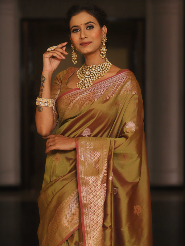 Banarasee Handwoven Dual Tone Semi Silk Saree With Zari Buti-Olive Green