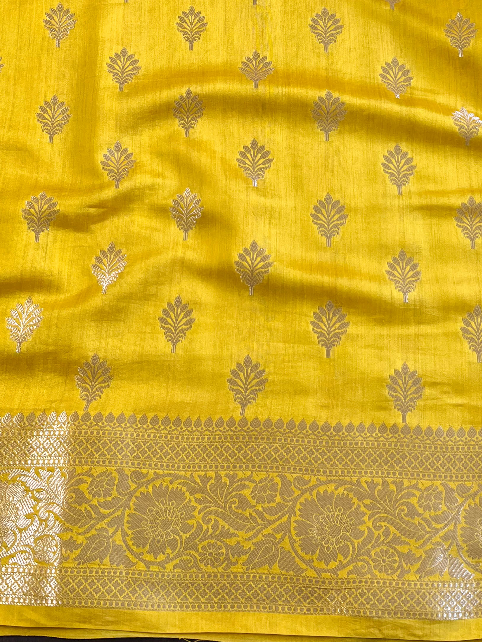 Banarasee Handloom Pure Chiniya Silk Saree With Zari Work & Contrast Border-Blue & Yellow