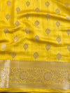 Banarasee Handloom Pure Chiniya Silk Saree With Zari Work & Contrast Border-Blue & Yellow