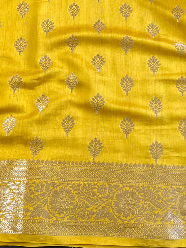 Banarasee Handloom Pure Chiniya Silk Saree With Zari Work & Contrast Border-Blue & Yellow