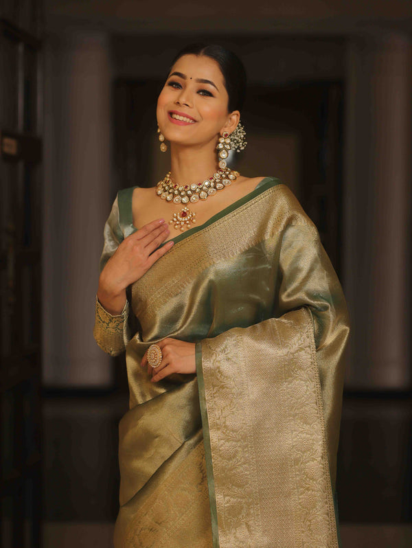 Banarasee Handwoven Plain Tissue Zari Border Saree-Green
