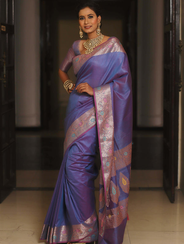 Banarasee Cotton Silk Plain Saree With Zari & Resham Border-Slate Blue (Dual Tone)
