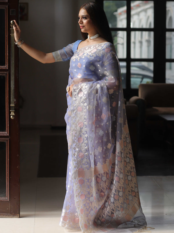 Banarasee Kora Muslin Saree With Zari Jamdani Weaving-Lilac