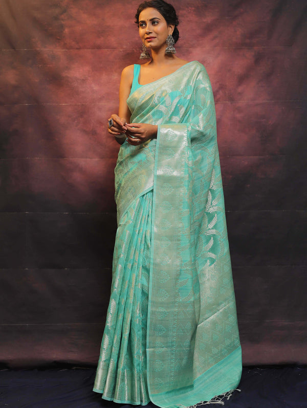 Banarasee Handloom Linen Silk Mix Zari Work Saree-Green