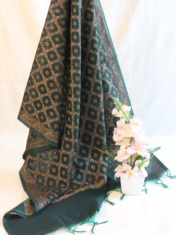 Banarasee Cotton Silk Gichha Work Dupatta-Green