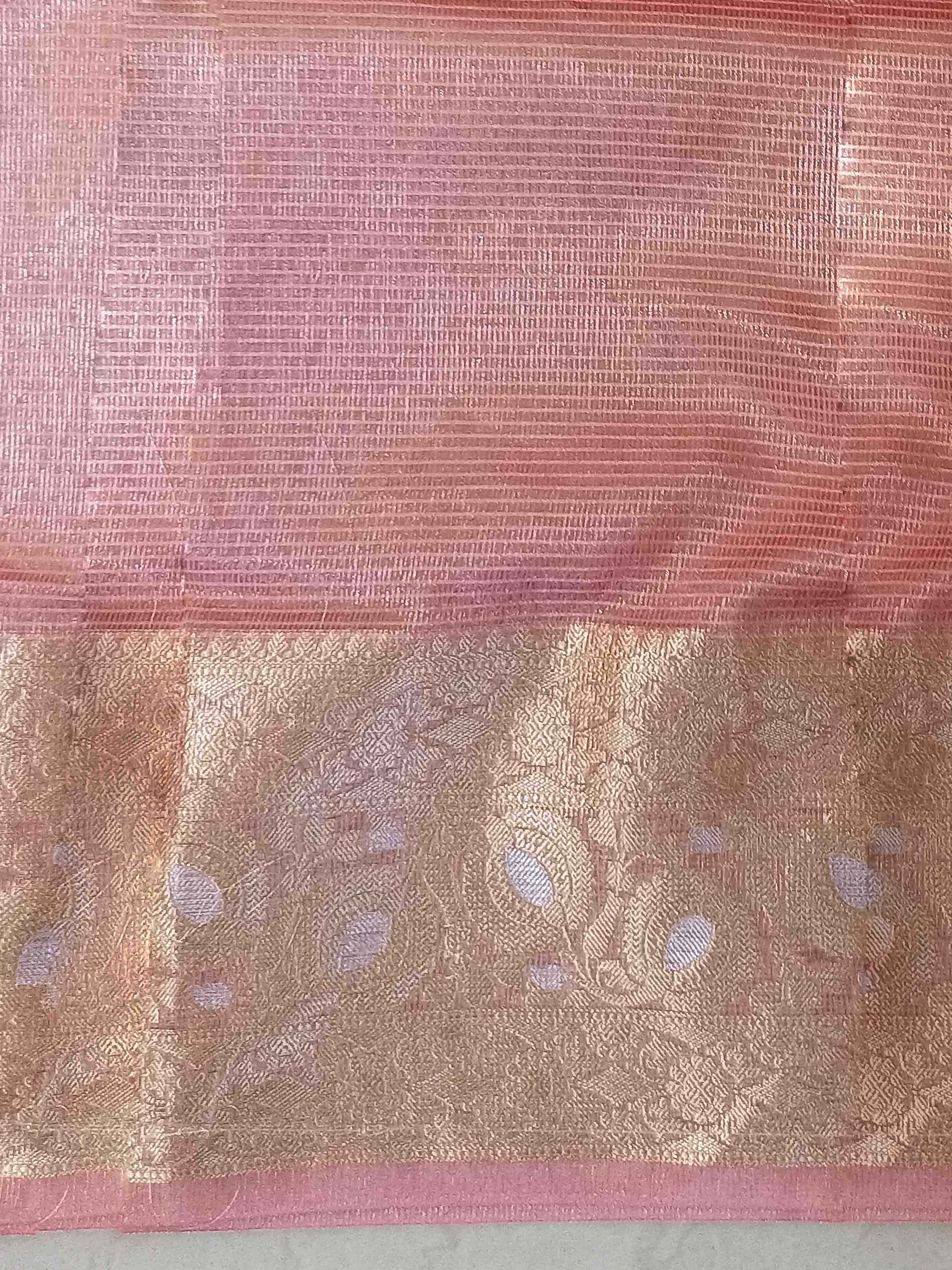 Banarasee Handwoven Broad Zari Border Tissue Saree-Peach
