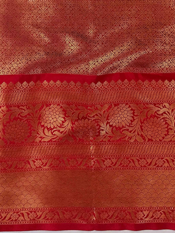 Banarasee Handwoven Broad Border Tissue Saree-Gold & Red