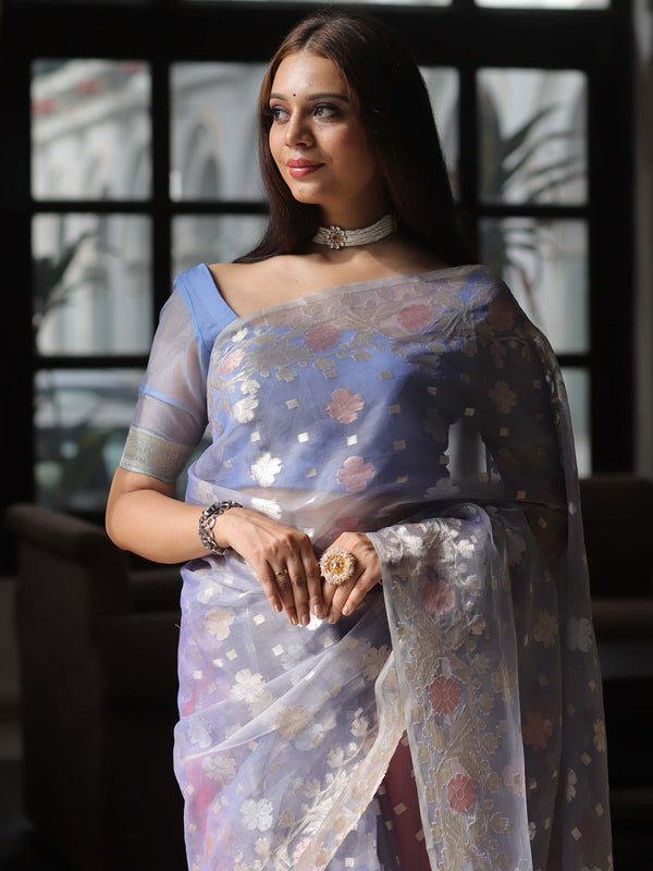 Banarasee Kora Muslin Saree With Zari Jamdani Weaving-Lilac