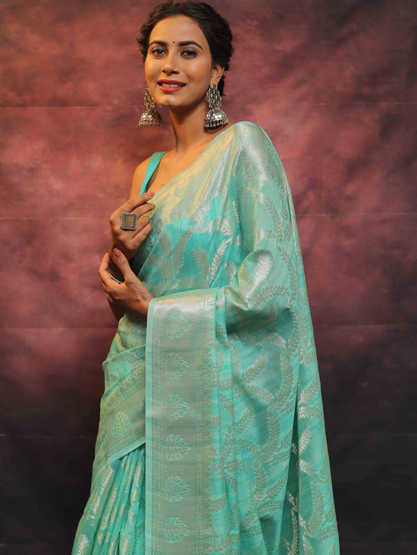 Banarasee Handloom Linen Silk Mix Zari Work Saree-Green