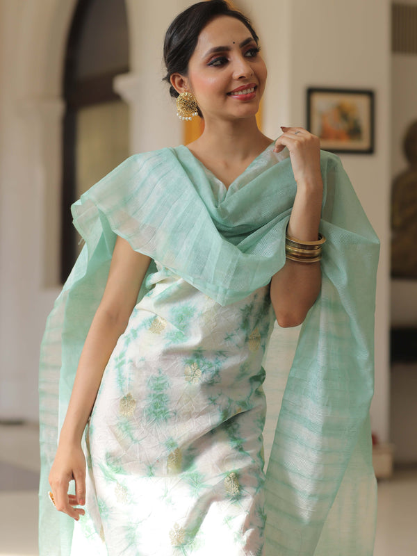 Banarasee Chanderi Cotton Zari Buti Salwar Kameez With Dupatta-White & Green