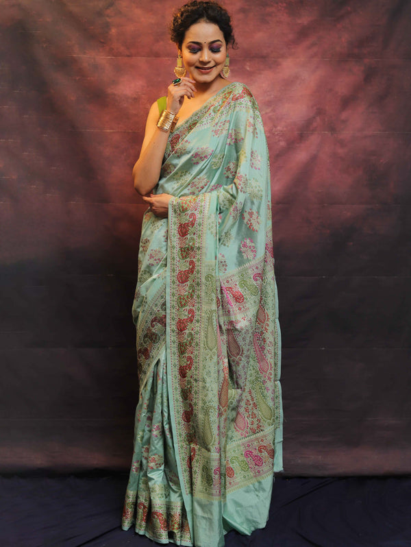 Banarasee Semi-Dupion Silk Saree With Meena & Zari Work-Sea Green