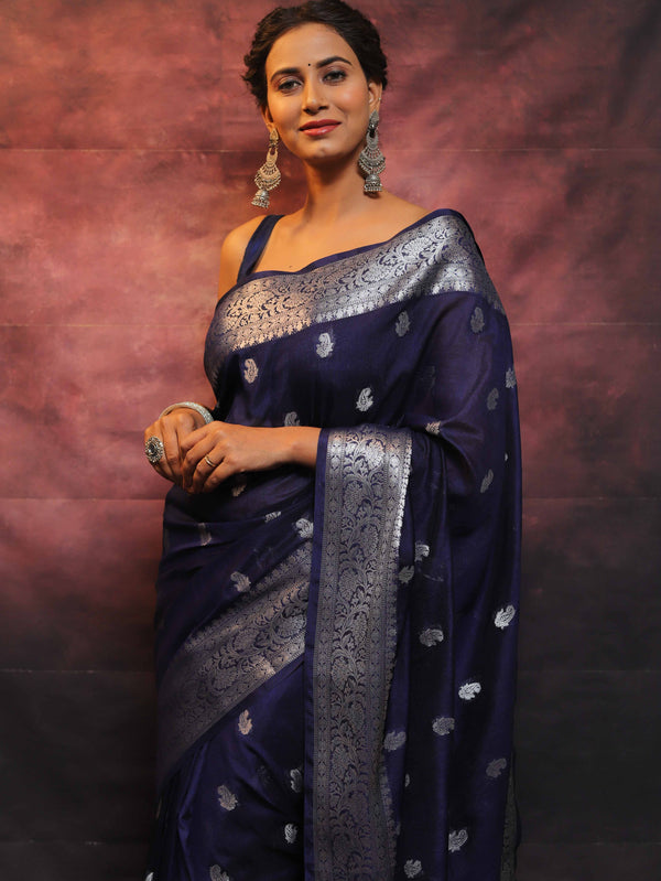 Banarasee Handwoven Semi-Chiffon Saree With Silver Zari Work-Blue