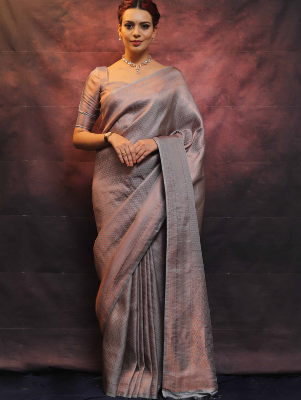 Banarasee Kubera Pattu Soft Silk Saree With Copper Zari Work-Grey