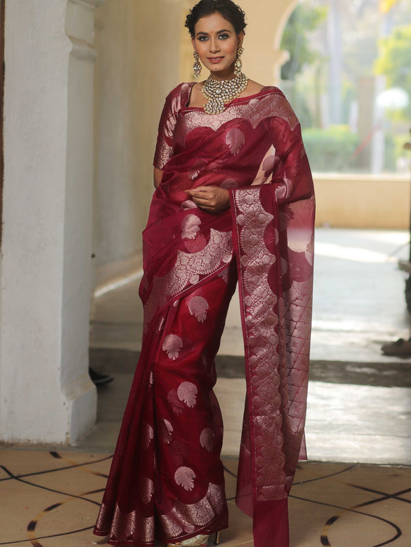 Banarasee Organza Mix Saree With Zari Buta & Scallop Border Design-Magenta