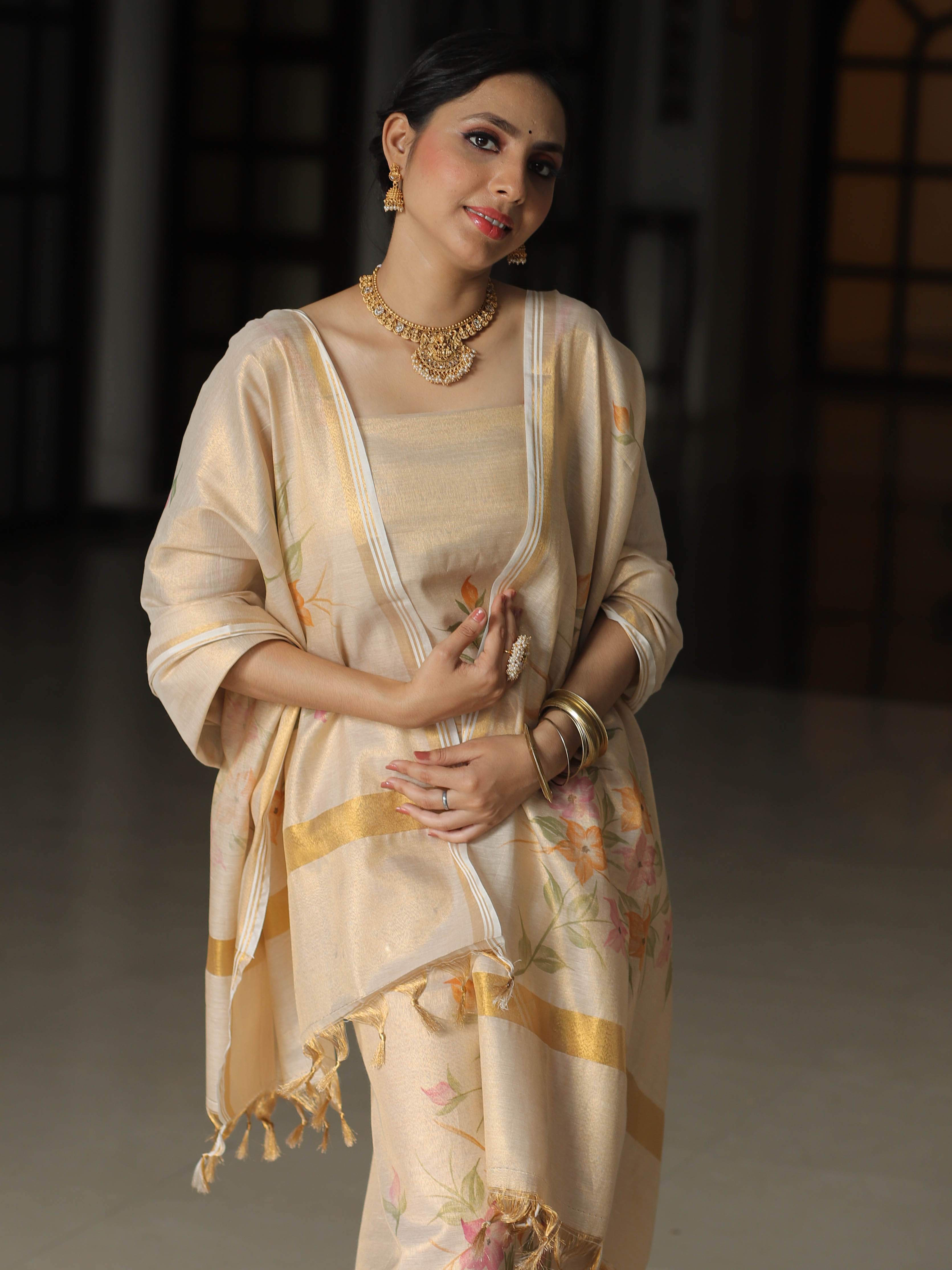 Banarasee Hand Painted Tissue Salwar Kameez Fabric With Dupatta-Beige