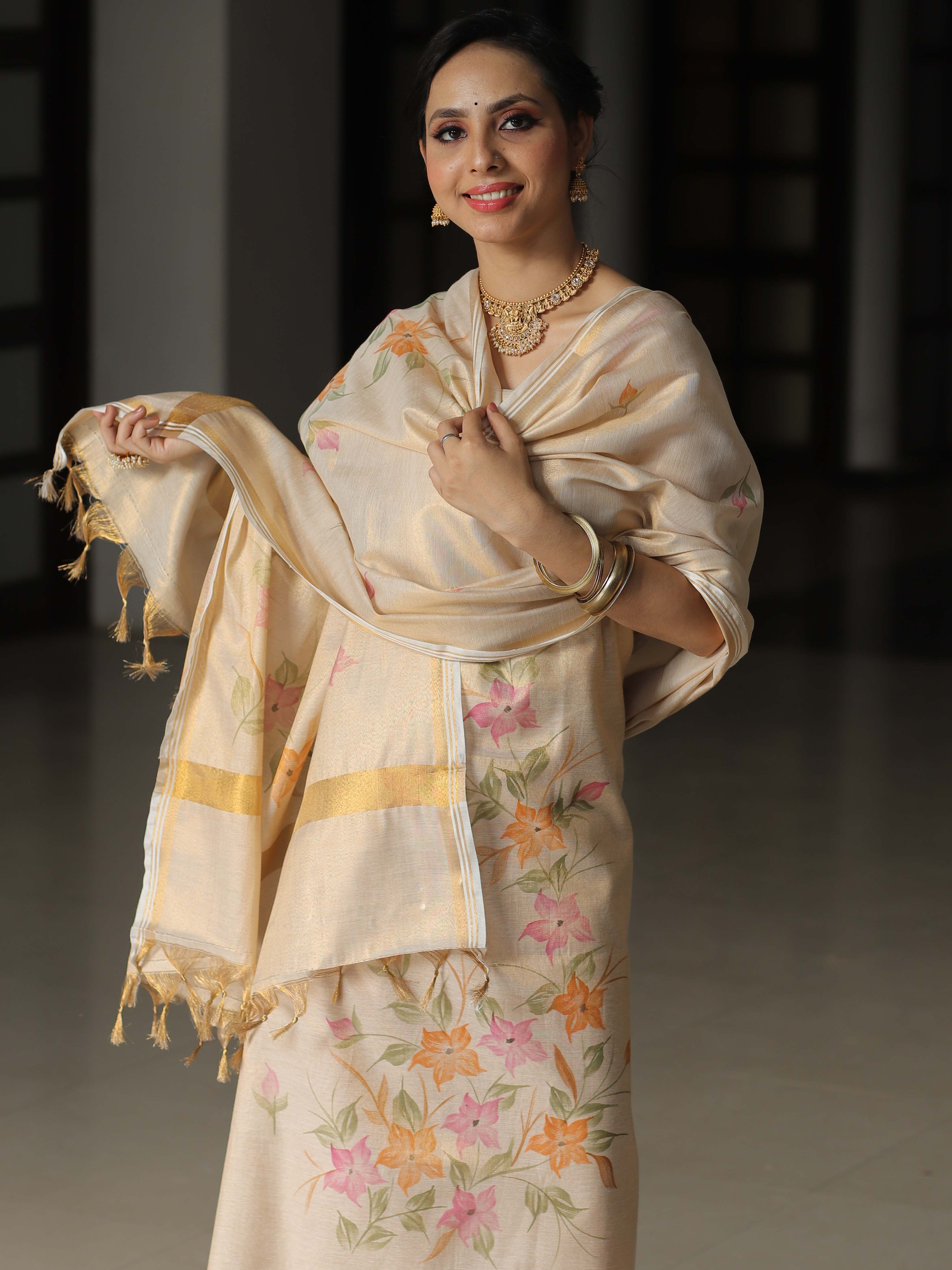 Banarasee Hand Painted Tissue Salwar Kameez Fabric With Dupatta-Beige