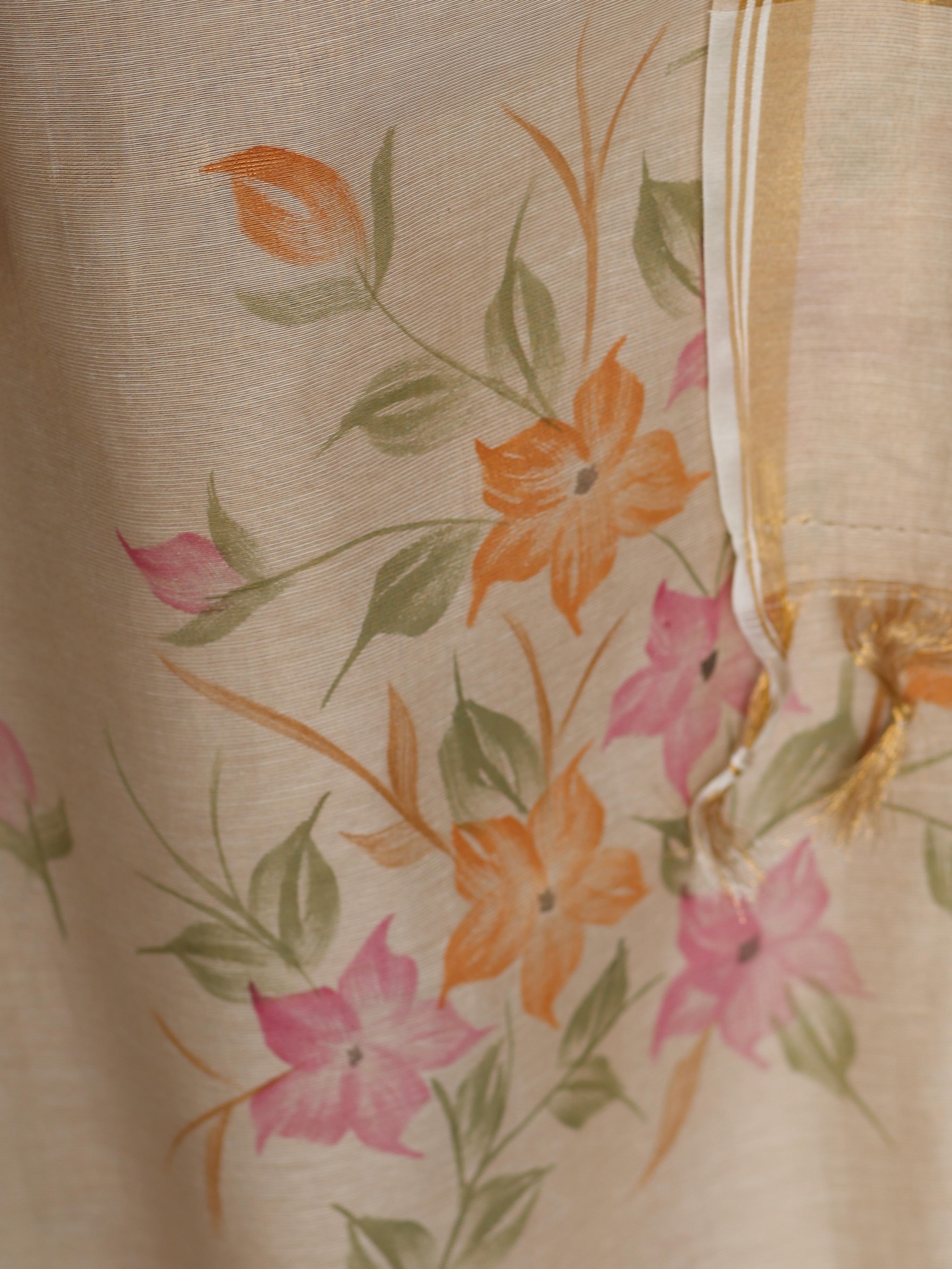 Banarasee Hand Painted Tissue Salwar Kameez Fabric With Dupatta-Beige