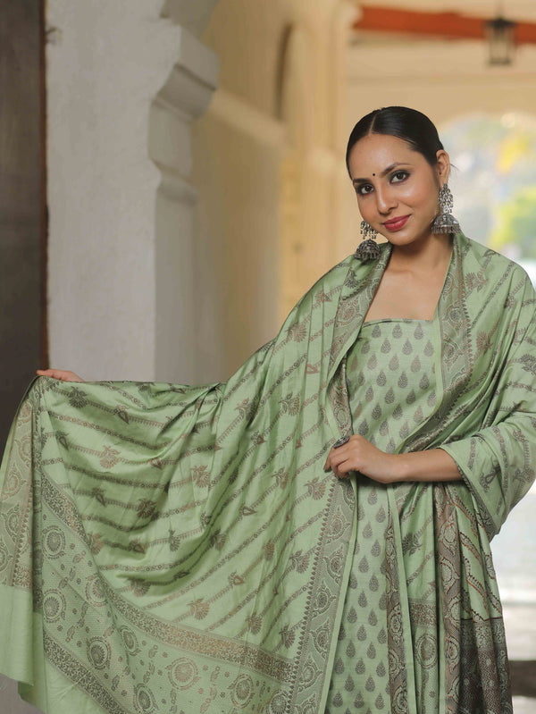 Banarasee Semi Katan Silk Salwar Kameez Fabric With Dupatta Resham Zari Work-Light Green