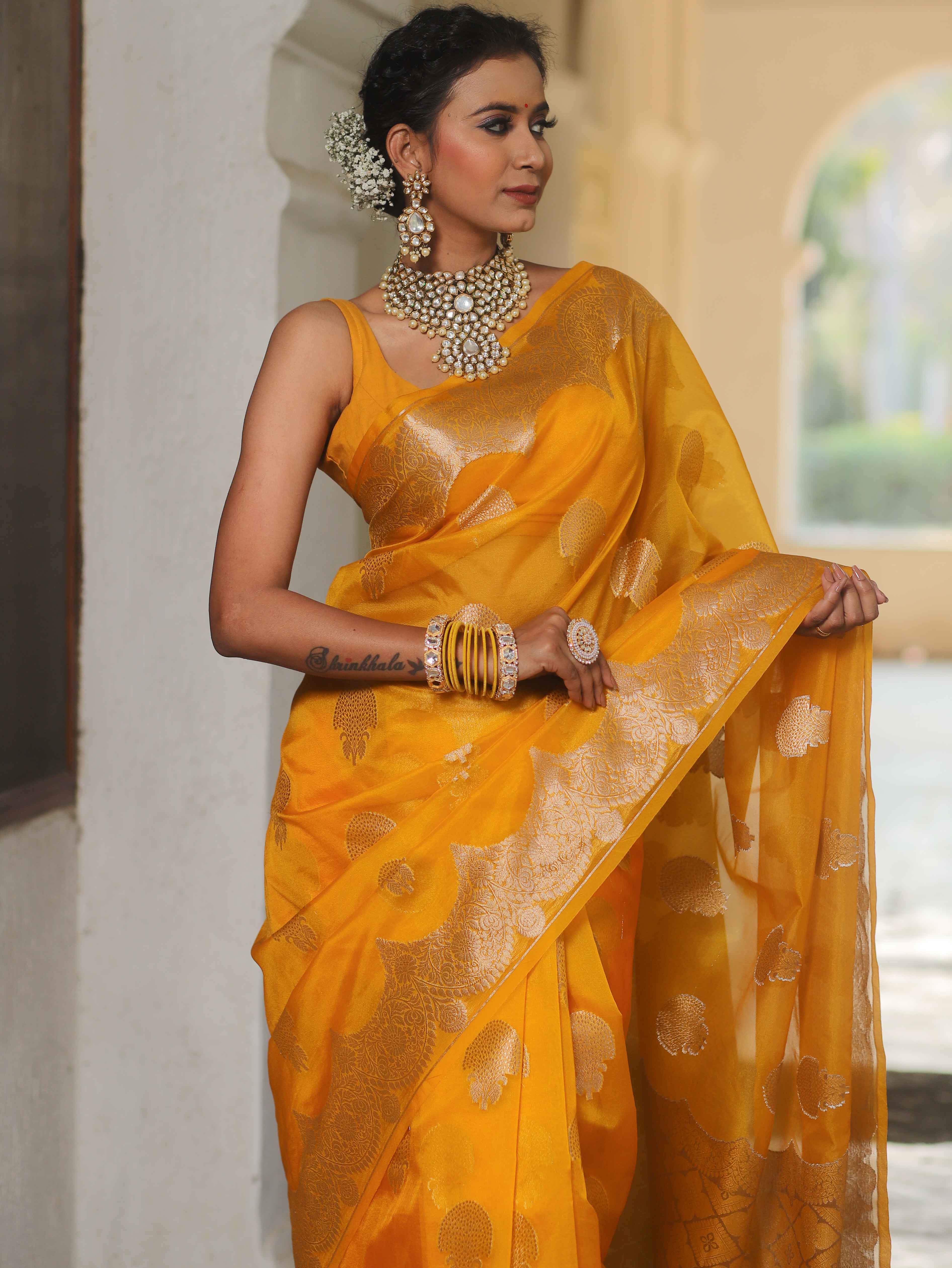 Banarasee Organza Mix Saree With Zari Buta Scallop Border Design Yel