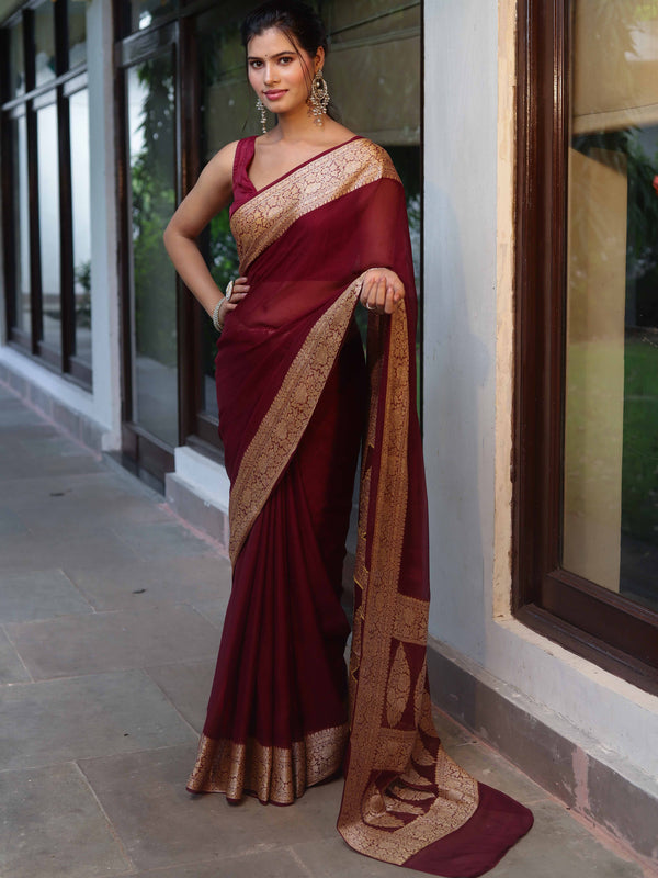 Banarasee Pure Chiffon Saree With Broad Zari Border-Maroon